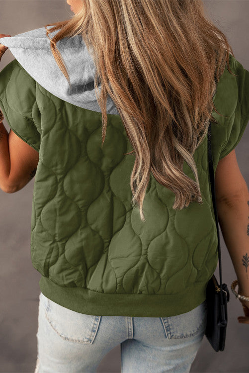 Quilted Drawstring Hooded Zip Up