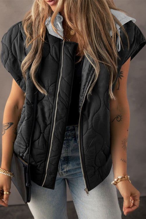 Quilted Drawstring Hooded Zip Up