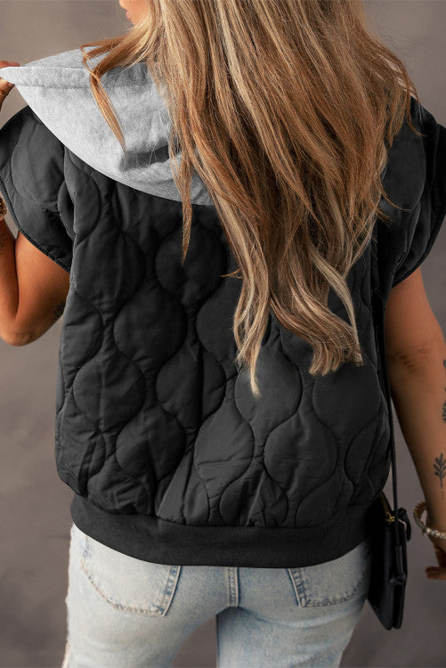 Quilted Drawstring Hooded Zip Up