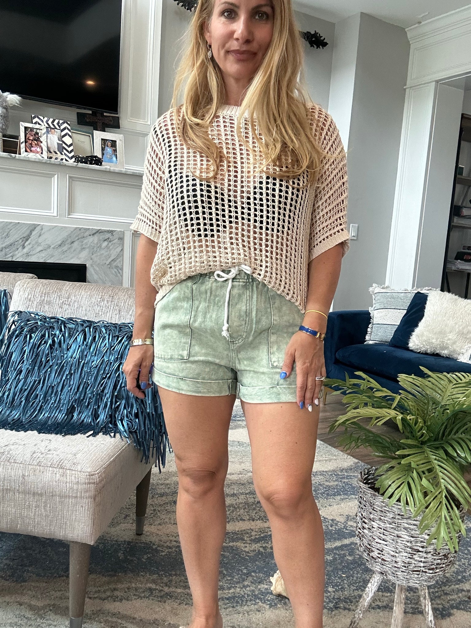 Green Pocketed Drawstring High Waist Denim Shorts