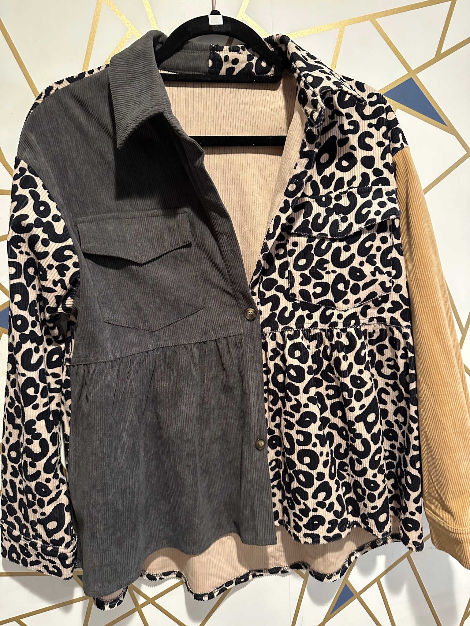 Grey corduroy jacket with leopard arms