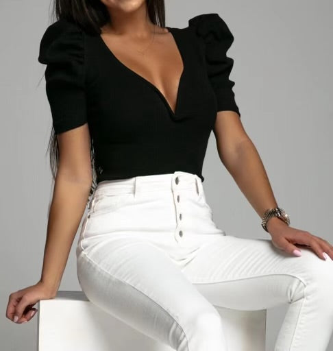 Ribbed top with puff sleeve
