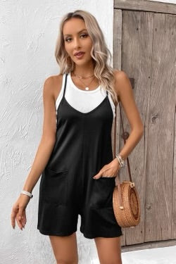 Black pocketed shorts romper with spaghetti straps
