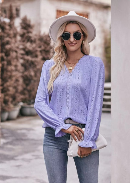 Long sleeve blouse with the eyelet design