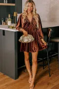 V Neck Puff Sleeve Short Velvet Dress