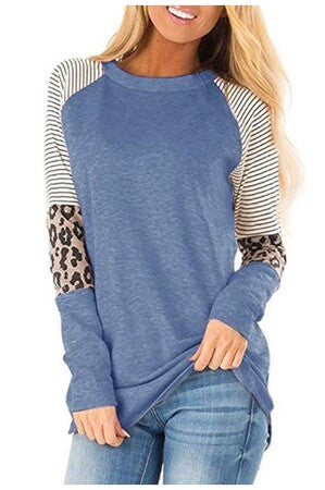 Striped Leopard Sleeve Patchwork Top