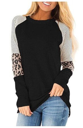Striped Leopard Sleeve Patchwork Top