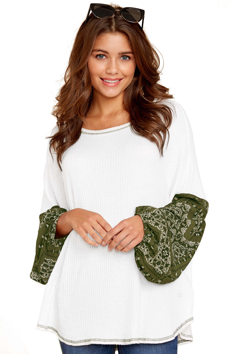 White Waffle Green Print Balloon Sleeve Top