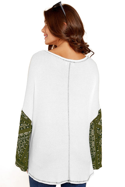 White Waffle Green Print Balloon Sleeve Top