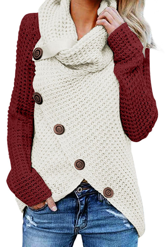 Button Turtle Cowl Neck Pullover Sweater