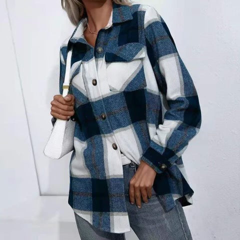 Plaid Button Down Shaket With Pocket