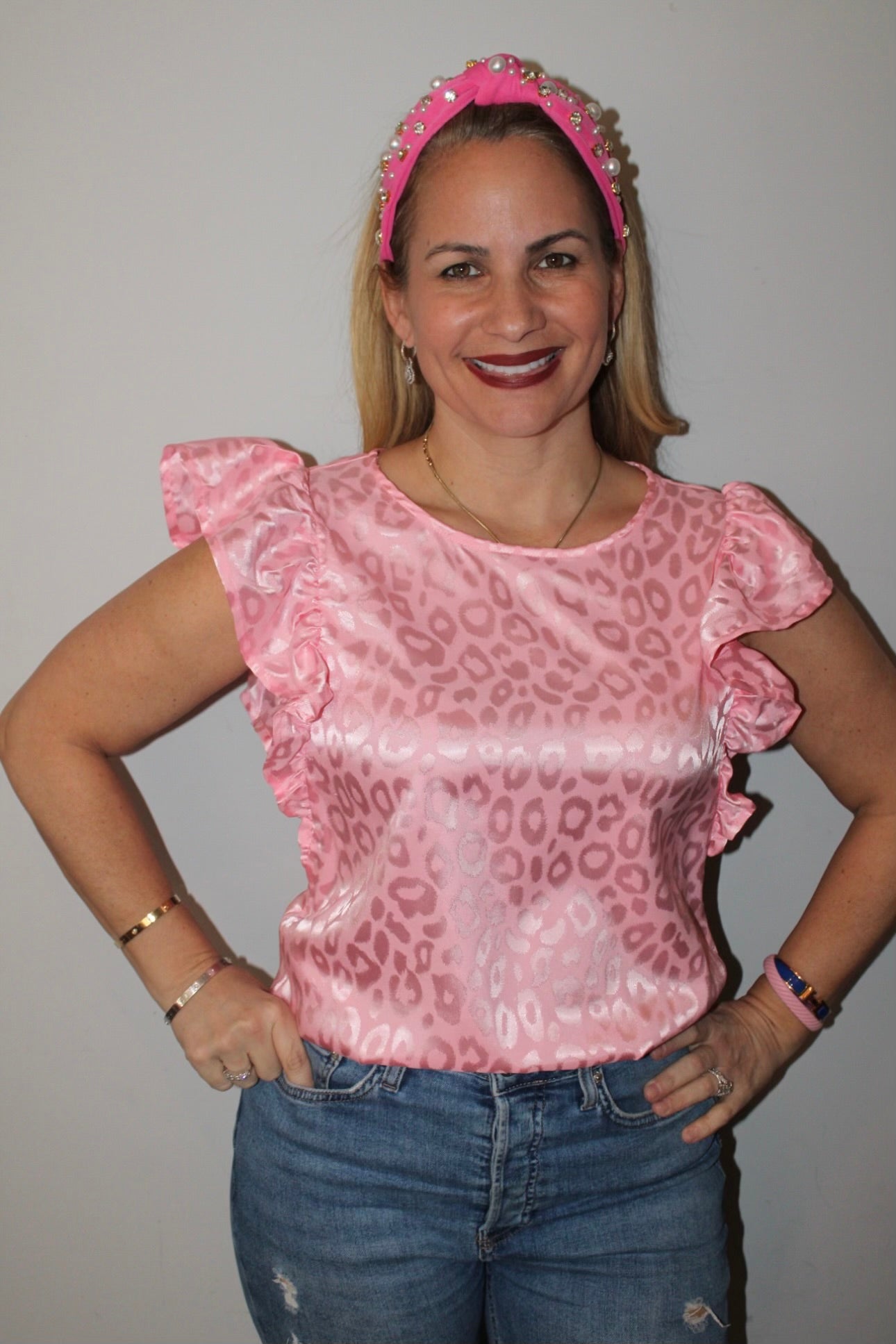 Leopard print ruffle sleeve blouse