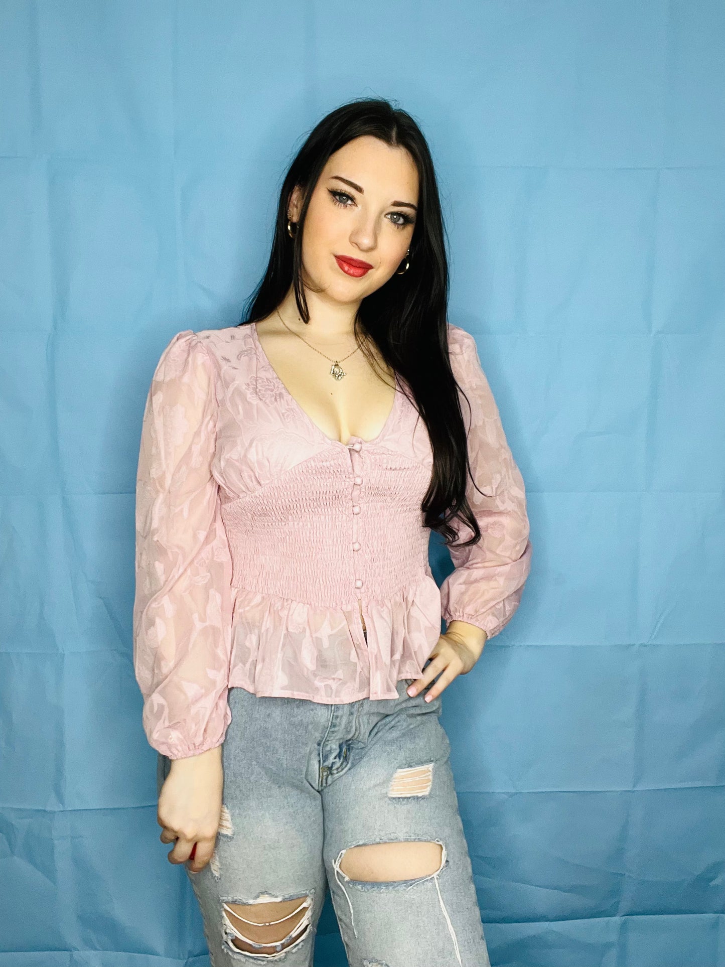 Baby Pink Laced Button Up Top