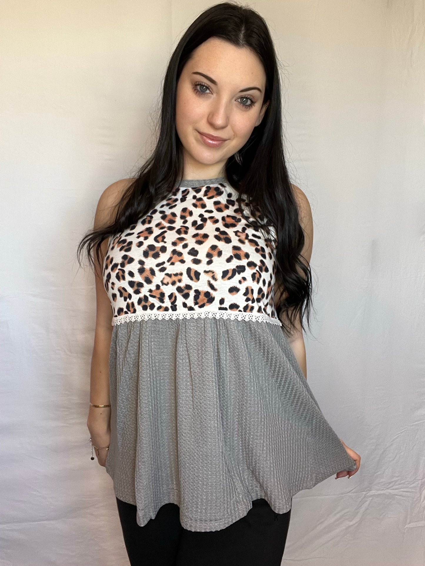 Grey and leopard flowy tank