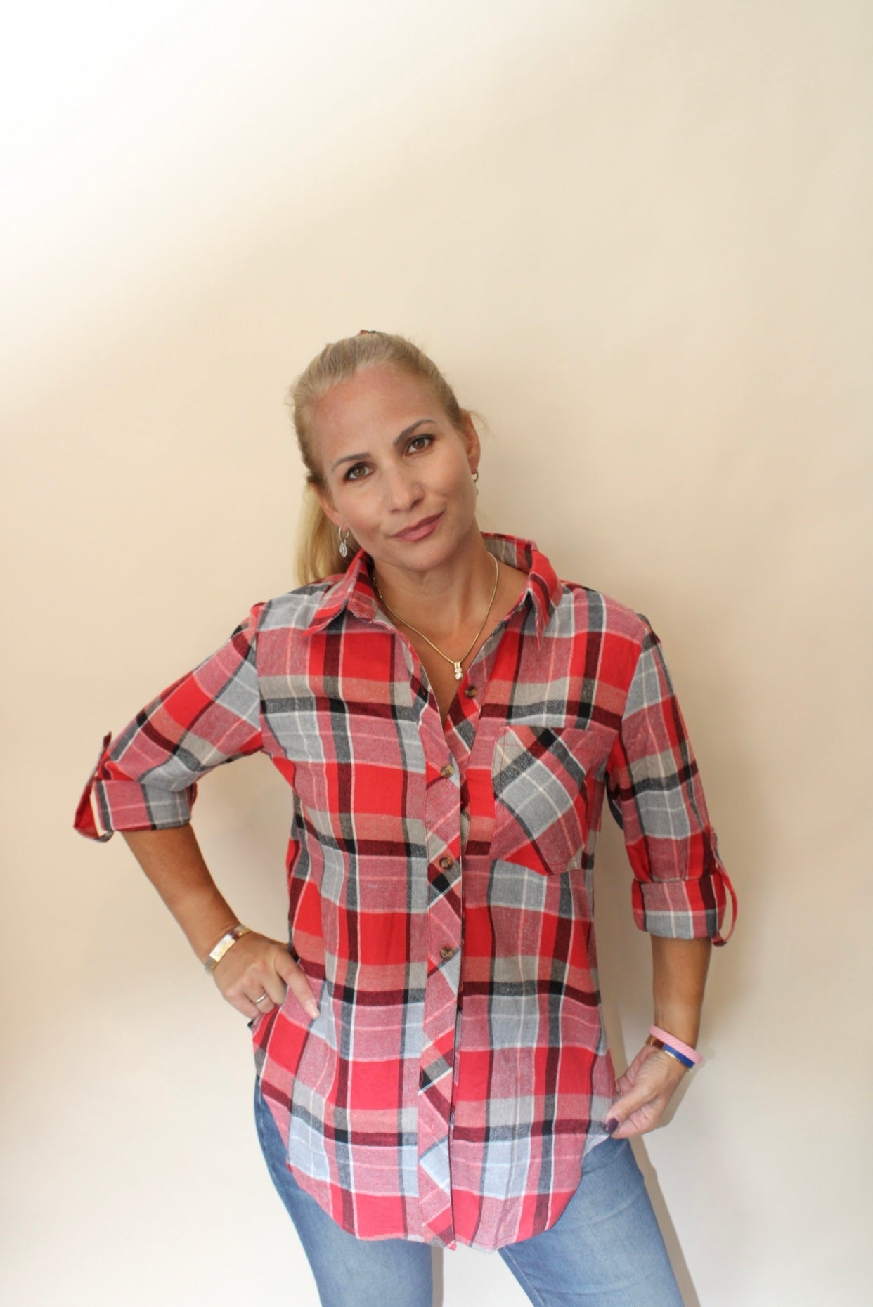 Red Plaid Button Down Top