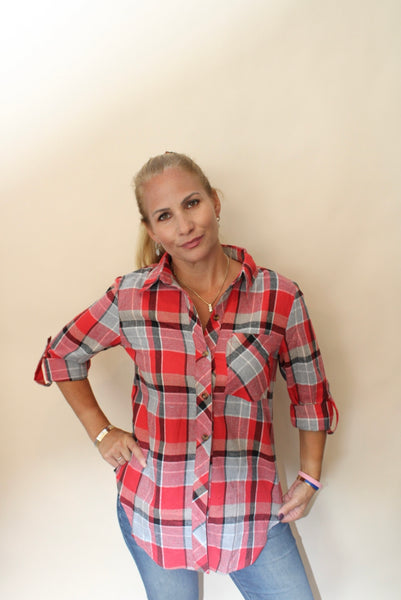 Red Plaid Button Down Top