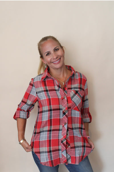 Red Plaid Button Down Top