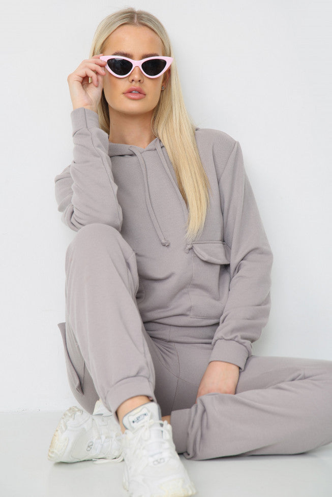 Grey Pocket Detail Hoodie and Jogger Lounge Set