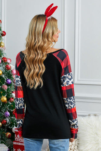 Off the Shoulder Plaid and Leopard  Long Sleeve