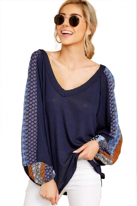 Multi Print Sleeve Waffle Top