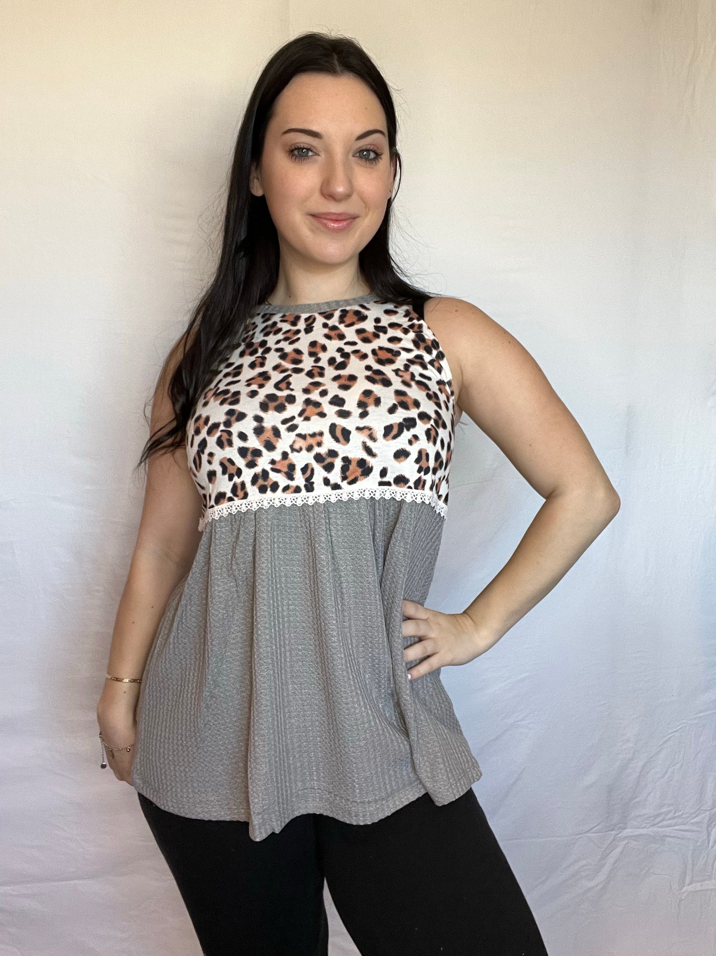 Grey and leopard flowy tank