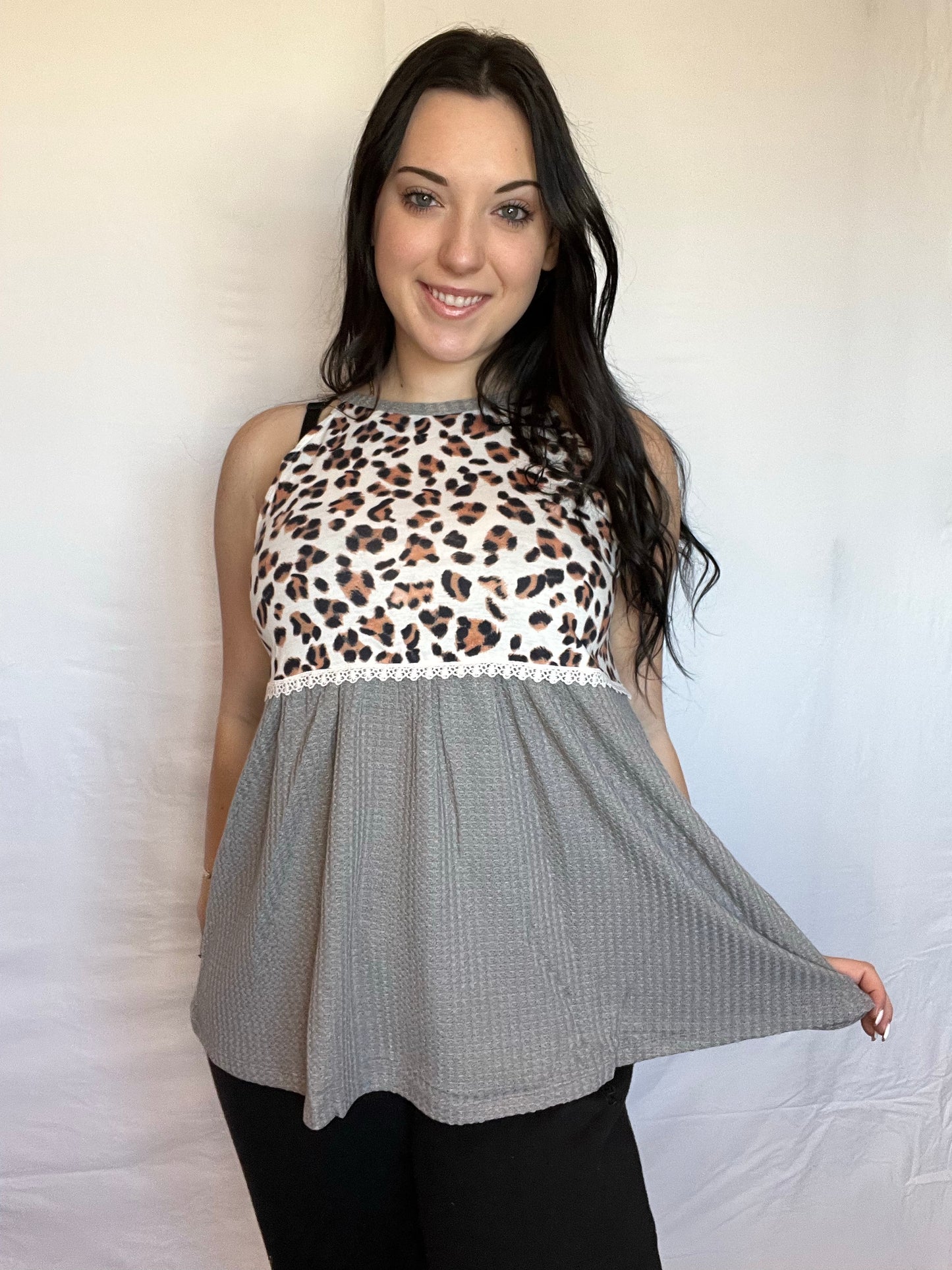 Grey and leopard flowy tank