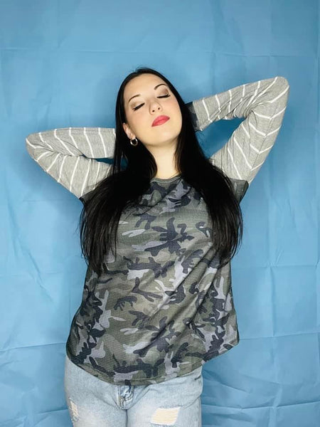 Waffle camo stripped top