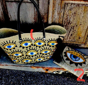 Evil eye hand painted tote or clutch bag