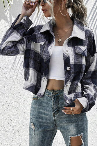 Plaid shackets crop button down