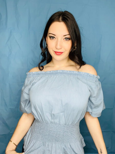 Off the Shoulder - Blue Ruffled Top