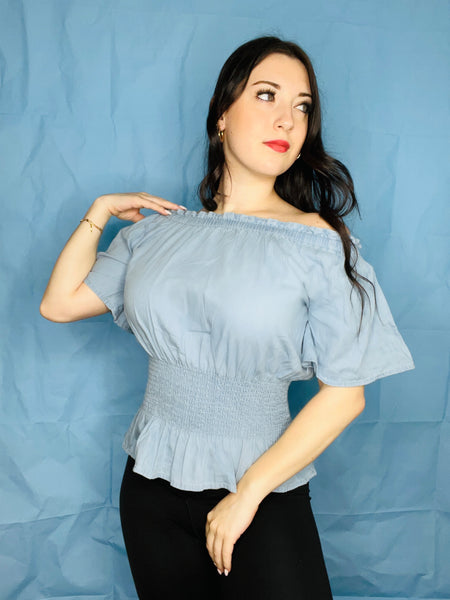 Off the Shoulder - Blue Ruffled Top