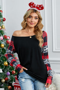 Off the Shoulder Plaid and Leopard  Long Sleeve