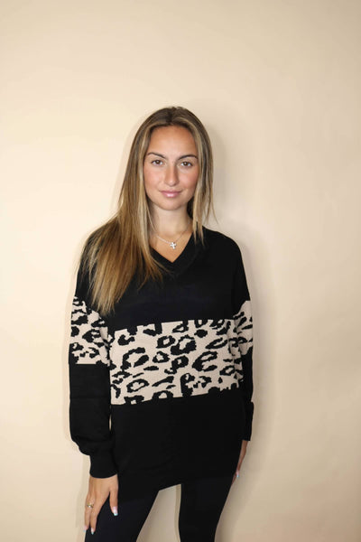 Black Leopard V-Neck Sweater