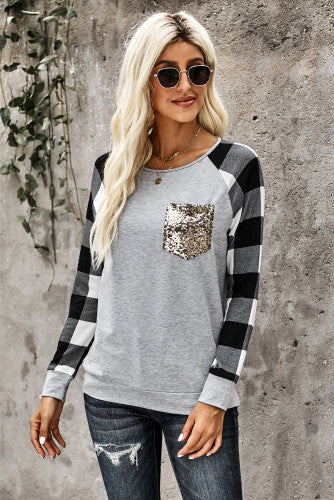Sequin Pocket Grey Plaid Long Sleeve
